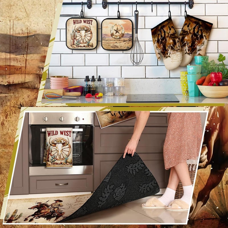 Fourluoo 10 Pcs Western Cowboy Kitchen Decor Oven Mitts and Pot Holders Set Western Cowboy Kitchen Accessories Vintage Dish Towels Farmhouse Rugs and Mats for Home Cooking Baking Housewarming Gifts - Image 4